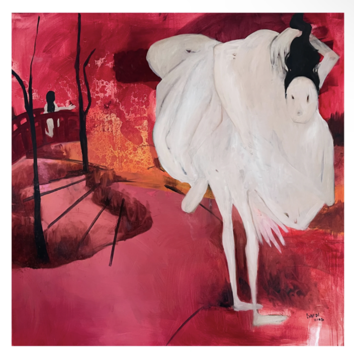 A surreal painting features a ghostly, abstract white figure dancing against a red and burnt orange background. Black silhouettes of trees frame a bridge that appears in the distance.