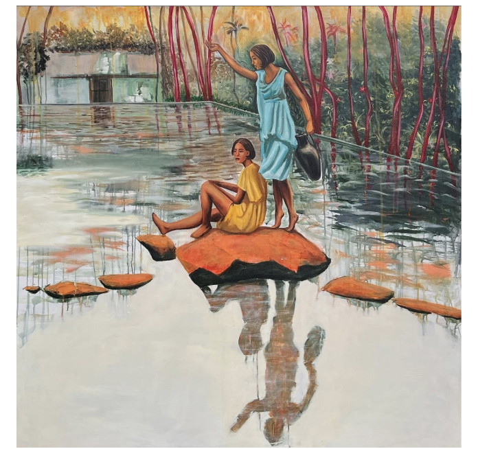 Two women in vibrant dresses stand on a rock in a serene lake, surrounded by red trees. The water reflects their figures, creating a tranquil, dreamlike scene.