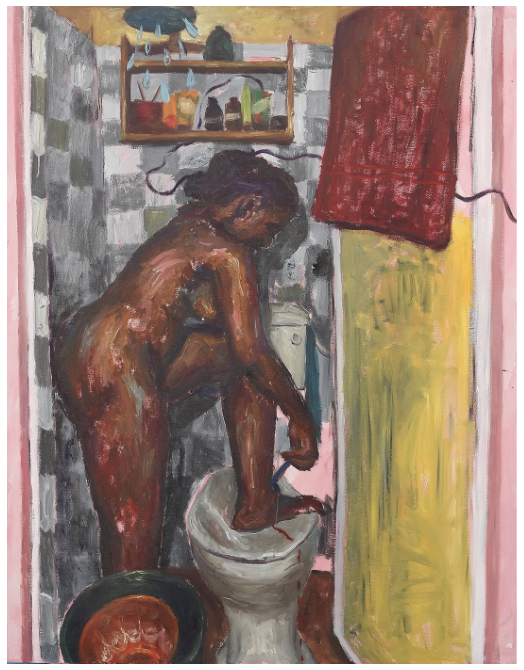 An oil painting depicts a person in a small, colorful bathroom. They are standing on one foot on a toilet, shaving their leg, with visible paint strokes. The room has a shelf with toiletries and a towel. The tone is raw and intimate.
