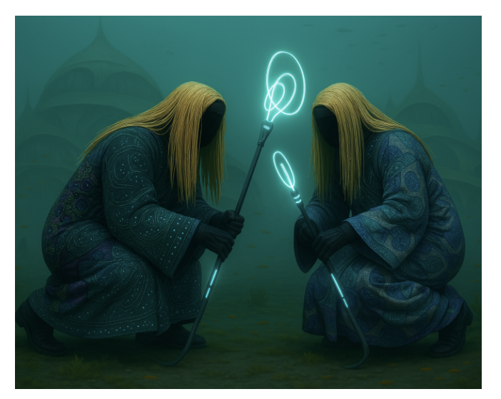 Two mysterious hooded figures with long blond hair kneel underwater, holding glowing blue staffs. The scene is serene and surreal, set in a deep aquatic environment.
